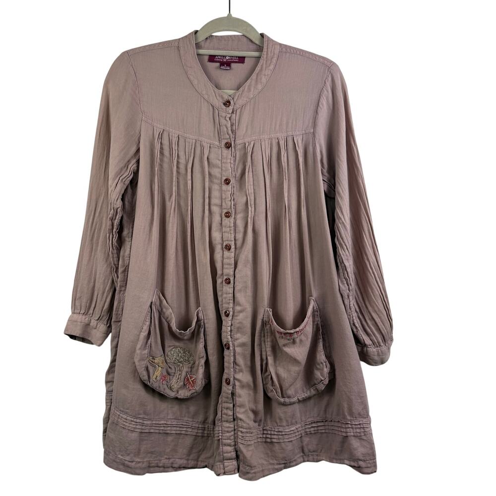 April Cornell Burnished Lilac Mushroom Artist Smock Tunic Small Embroidered - Picture 2 of 15